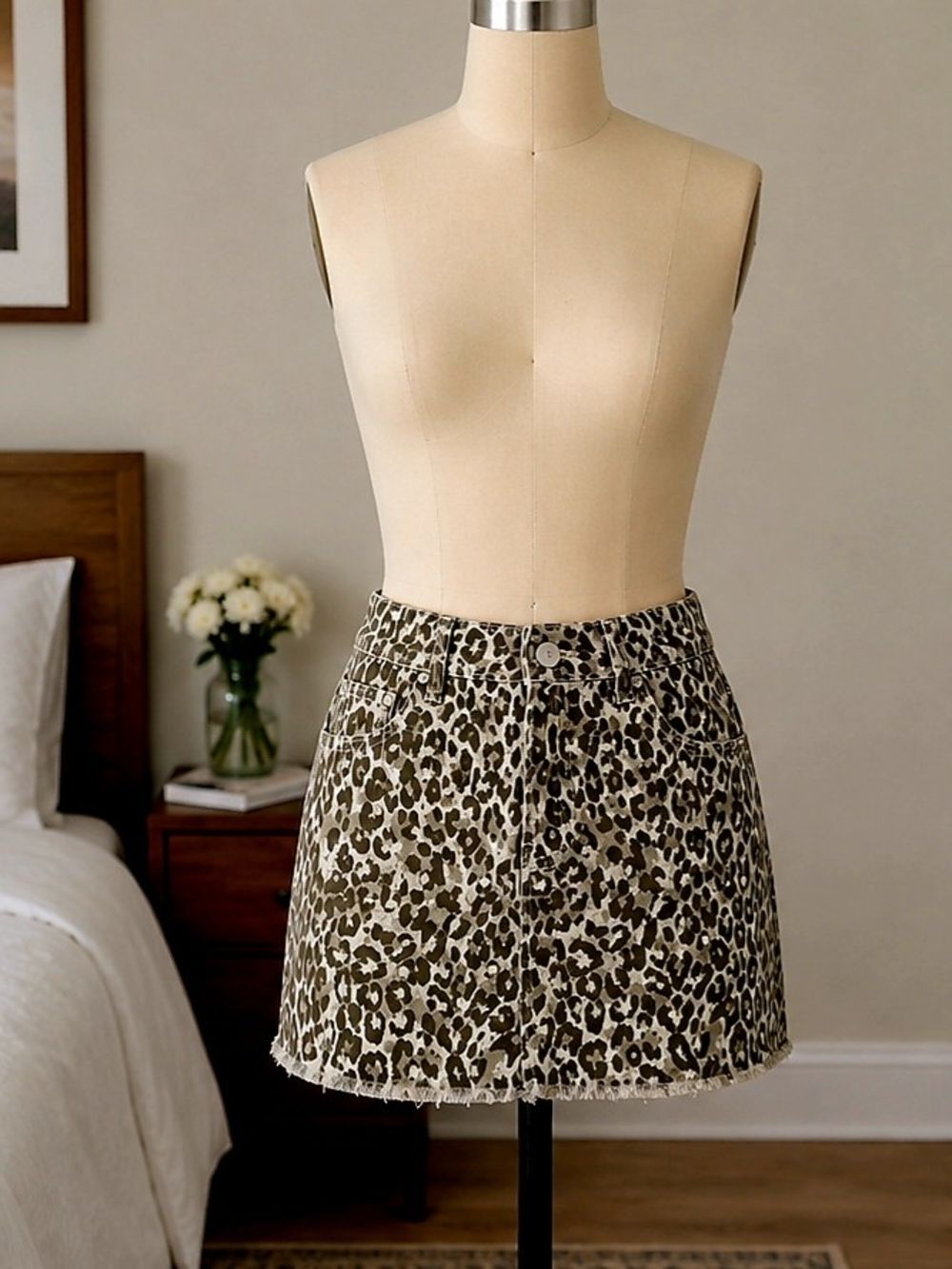 Leopard Print Denim Mini Skirt XS Raw Hem Animal Print NWOT